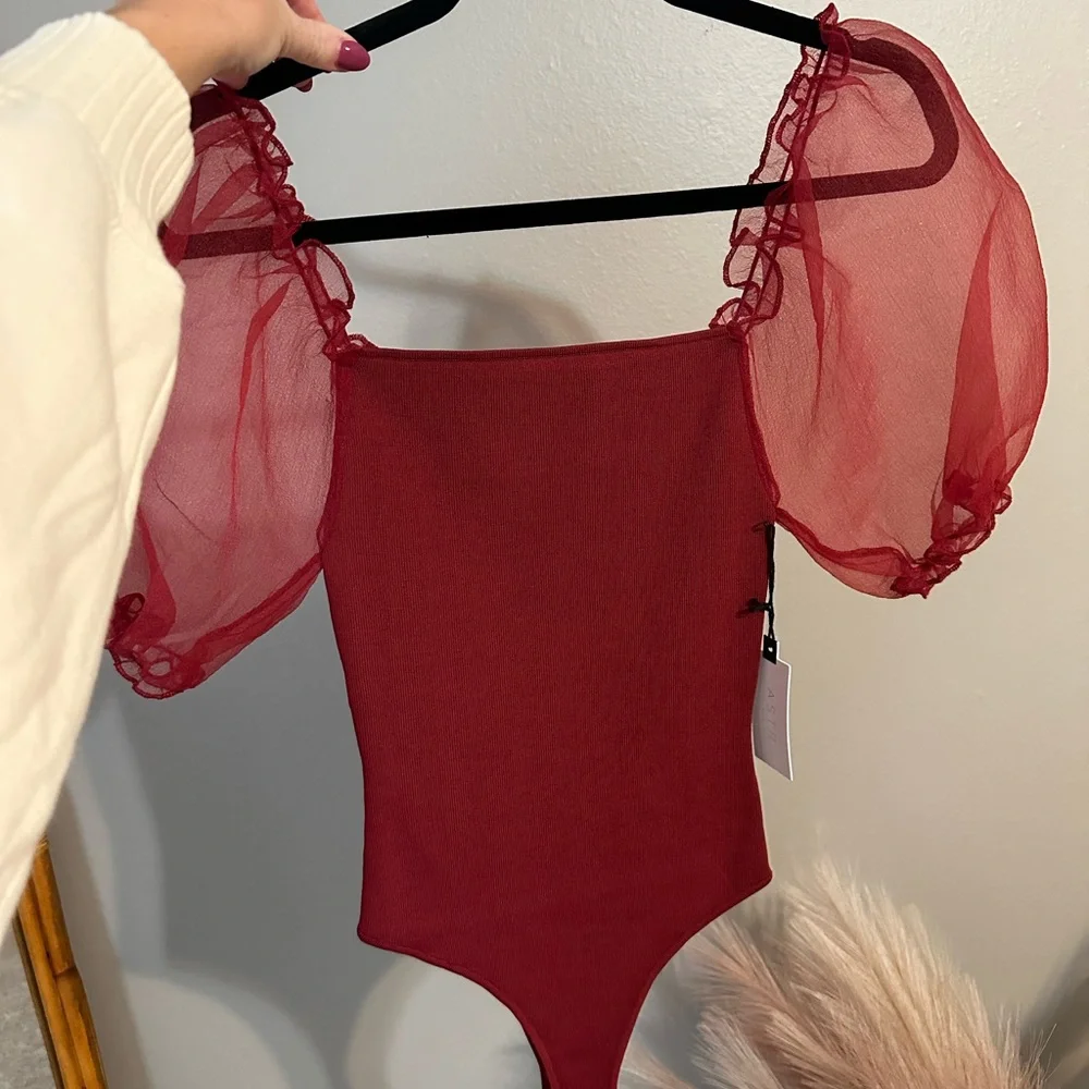 Red Puff Sleeve Bodysuit - Picture 1 of 5